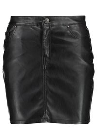 Černá kožená sukně s přiléhavým siluetou, předními kapsami, knoflíkovým zapínáním a jemným leskem. Vyznačuje se čistými liniemi a hladkou texturou.