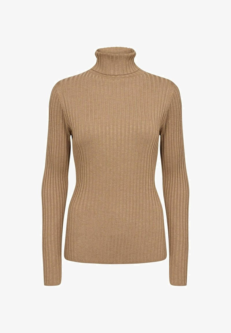 Smešani smeđi pulover s rebrastim ovratnikom, dugim rukavima i uskim krojem. Izrađen od teksturirane pletene tkanine, s visokim ovratnikom.
