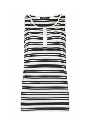 Canotta bianca senza maniche con strisce nere orizzontali e una corta patta con bottoni al centro davanti.