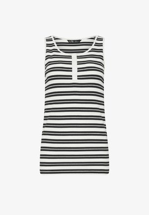 Canotta bianca senza maniche con strisce nere orizzontali e una corta patta con bottoni al centro davanti.