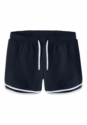 Shorts de sport bleu marine avec bordure blanche et cordon blanc sur une taille élastique.