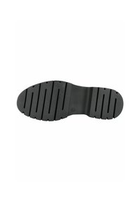 Zwarte rubberen zool met horizontale groeven en verticale lijnen voor grip. Bevat een afgeronde voorkant en een vlakke hak.