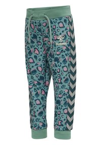 Tigréprintade sweatpants i teal med rosa accenter, elastisk midja och ribbade muddar. Innehåller kontrasterande sidostriper och logotyp.