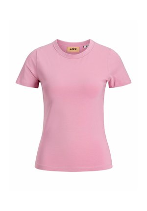 T-shirt rose ajusté pour femme à manches courtes avec encolure ronde sur fond blanc, étiqueté JJXX à l’intérieur du col.