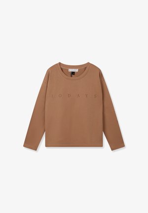 Maglietta marrone a maniche lunghe con scollo rotondo e testo stampato "10DAYS" al centro davanti. Tessuto morbido, vestibilità rilassata, dettagli minimi.