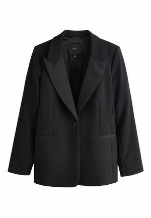 Black blazer made of smooth fabric, featuring a notched lapel, single button closure, and two front pockets with a structured fit.