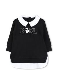 Black sweatshirt with white collar, featuring a "KARL" logo and dog graphic. Long sleeves, layered design with white hem detail.