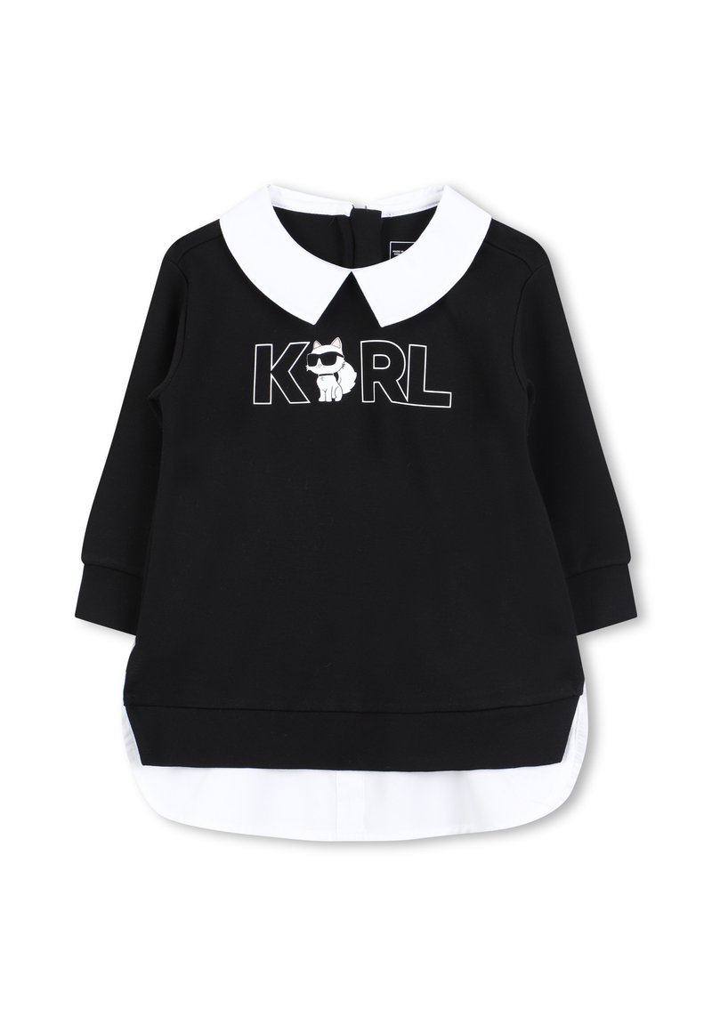 Black sweatshirt with white collar, featuring a "KARL" logo and dog graphic. Long sleeves, layered design with white hem detail.