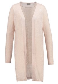 Světle růžový dlouhý kardigan s otevřeným předním dílem. Vyrobený z lehkého materiálu, má dlouhé rukávy a jemný, texturovaný povrch.