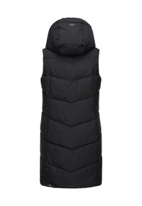 Schwarze Steppweste mit hohem Kragen, mit einem Chevron-Steppmuster und einer Kapuze. Das Material wirkt weich und isolierend.