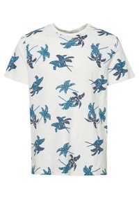 Camiseta blanca de manga corta con un patrón de hojas en azul y marino, confeccionada en suave algodón. Corte relajado con cuello redondo.
