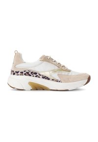 Beige Sportlichkeit Sneaker mit Mesh- und Wildledermaterialien, Akzenten im Leopardenmuster, weißer Sohle mit einem gemusterten Design und beigen Schnürsenkeln.
