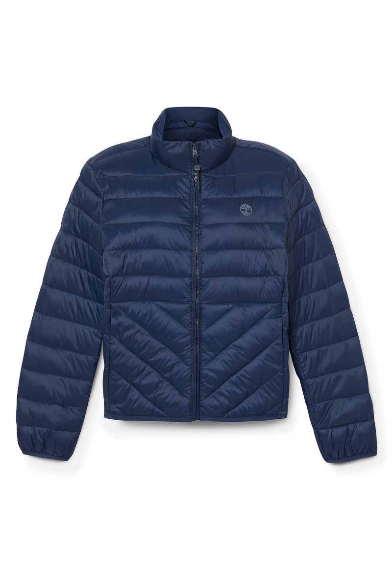 Giacca a vento blu navy con chiusura a zip, collo alto e motivo a rombi. Materiale sintetico morbido e leggero.