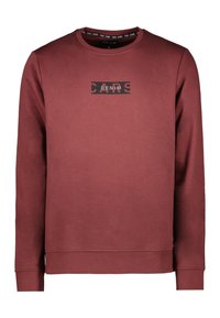 Maroon sweatshirt made of soft material with long sleeves, ribbed cuffs, and a crew neckline. Features a graphic logo on the chest.