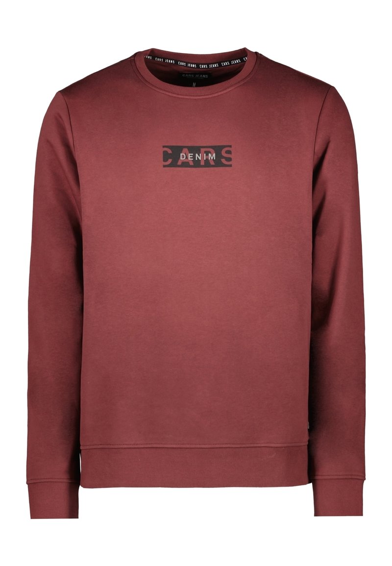 Maroon sweatshirt made of soft material with long sleeves, ribbed cuffs, and a crew neckline. Features a graphic logo on the chest.