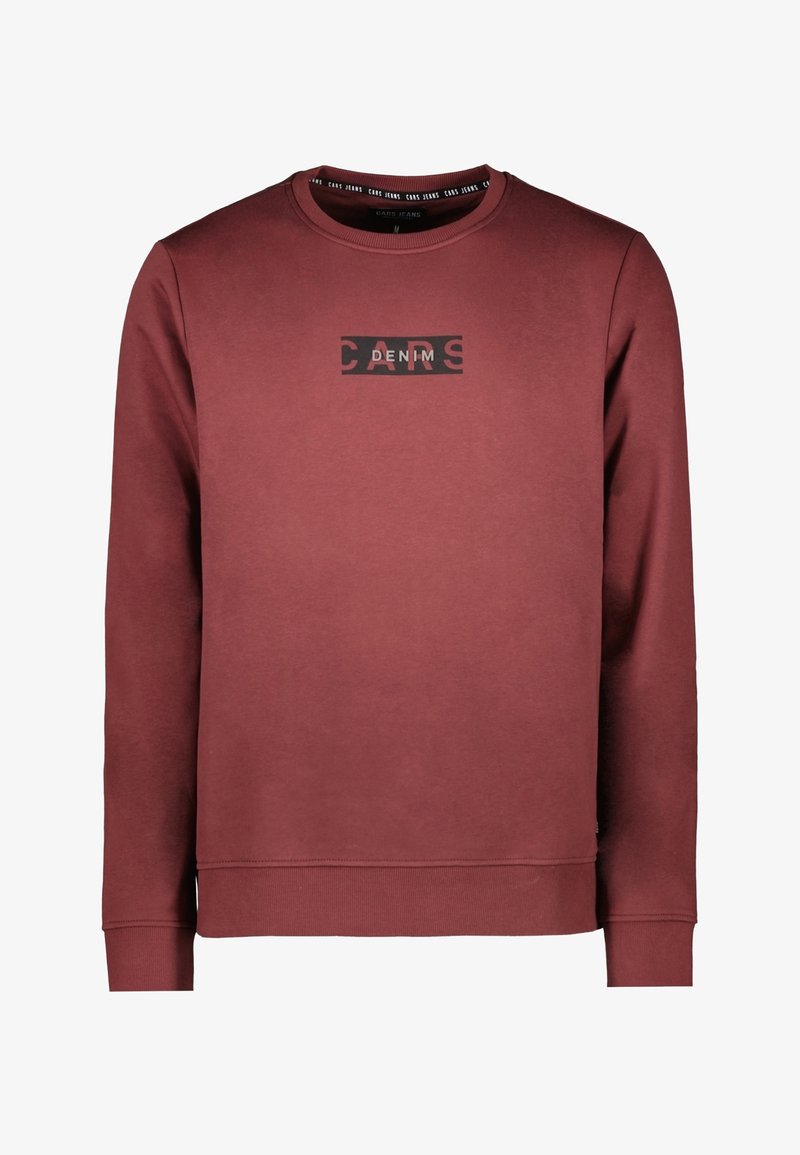 Maroon sweatshirt made of soft material with long sleeves, ribbed cuffs, and a crew neckline. Features a graphic logo on the chest.