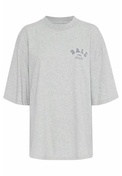 Šedé oversized tričko z bavlny s okrúhlym výstrihom, krátkymi rukávmi a potlačeným logom v námorníckej modrej farbe s nápisom "BALL THE JEANS".