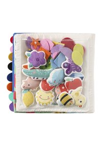Colorful felt and foam activity set with various shapes, including animals and fruits, inside a transparent zippered pouch. Multicolored accents.