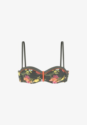Kvetinový bikinový top v tmavosivej farbe so živými pestrofarebnými kvetmi. Má tenké ramienka, zberové detaily a korálový akcent v strede.