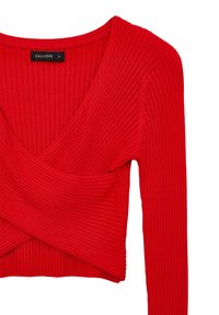 Roter gerippter Strickoberteil mit langen Ärmeln, Crop-Design, V-Ausschnitt und gekreuztem Vorderteil, Größe S von der Marke Calliope.