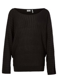 Pull noir en maille côtelée avec manches longues, col large et ceinture ajustée, rayures verticales texturées et coupe décontractée.