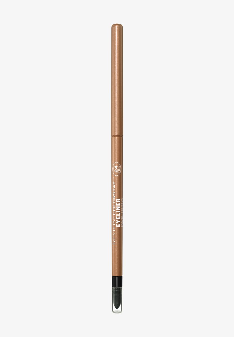 Revlon ColorStay 24-Stunden lang anhaltender brauner Eyelinerstift mit transparentem Verschluss und eingebautem Verblender auf weißem Hintergrund.