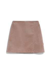 Cordrockrock, hellbraun, A-Linien-Design, strukturierte gerippte Oberfläche, knielang, mit einer Seitennaht und einem kleinen Etikett am Saum.