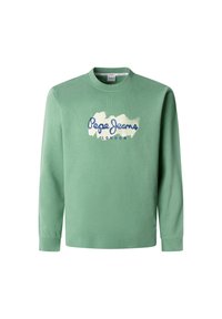 Grüner Pullover aus weichem Stoff, mit Rundhalsausschnitt, langen Ärmeln und dem "Pepe Jeans London"-Logo in Blau und Weiß.