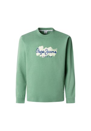 Green sweatshirt made of soft fabric, featuring a crew neckline, long sleeves, and "Pepe Jeans London" logo in blue and white.