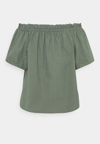 Top verde scollato sulle spalle realizzato in tessuto leggero, con scollatura volant e maniche corte, ampie per un fit rilassato.