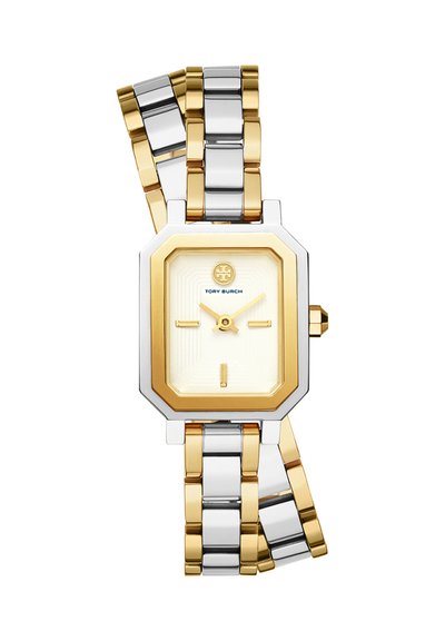Montre-bracelet rectangulaire Tory Burch en or et argent avec un cadran blanc minimaliste et des index et aiguilles dorés.