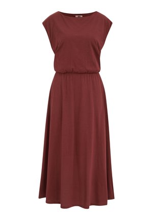 Mouwloze midi-jurk in donkerrood met een geplooide taille en een losse, vloeiende rok.