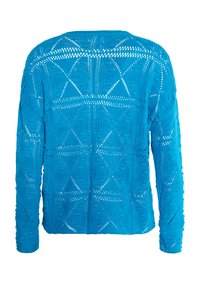 Blauwe gebreide cardigan met geometrisch opengewerkt patroon, lange mouwen en een ronde halslijn. Gemaakt van ademende stof met textuurdetails.
