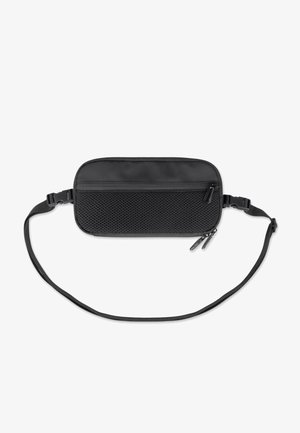 Schwarze Umhängetasche mit Reißverschluss, strukturiertem Netzvorderteil, glattem Obermaterial, verstellbarem Riemen und mehreren Reißverschlussfächern zur Organisation.