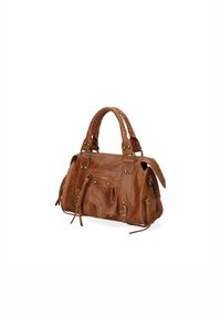 Borsa a tracolla in pelle marrone con due manici superiori, dettagli intrecciati, accenti in ottone e tasca frontale con cerniera. Superficie morbida e testurizzata.