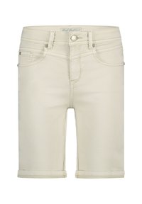 Beige denim shorts met een klassieke vijf-pocketdesign, opgerolde zoom en minimale stikseldetails. Glad materiaal met een getailleerde pasvorm.