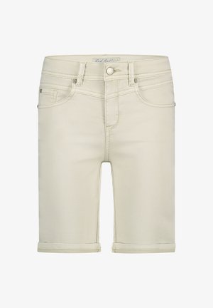 Beige denim shorts met een klassieke vijf-pocketdesign, opgerolde zoom en minimale stikseldetails. Glad materiaal met een getailleerde pasvorm.