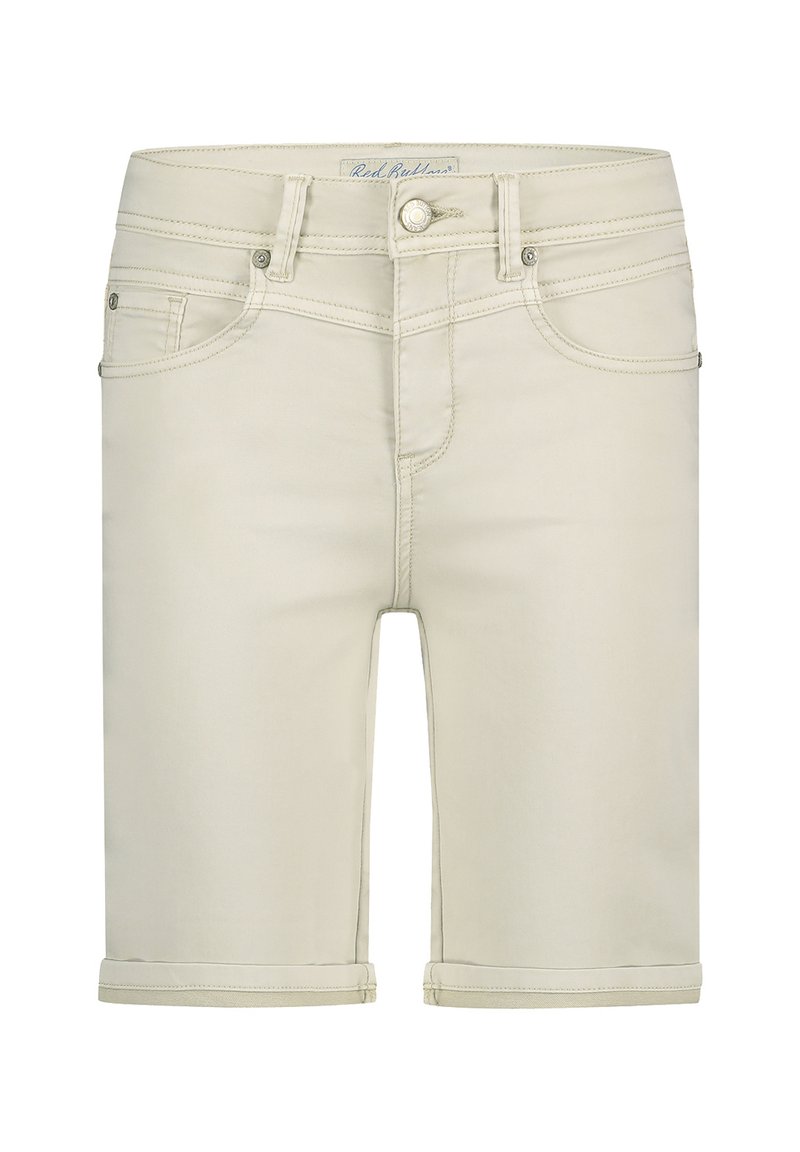 Beige denim shorts met een klassieke vijf-pocketdesign, opgerolde zoom en minimale stikseldetails. Glad materiaal met een getailleerde pasvorm.