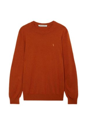 Maglione color ruggine con maniche lunghe, scollo tondo e orlo a coste. Presenta un piccolo logo sul petto. Tessuto morbido e vestibilità classica.