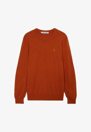 Pullover in Rostfarbe mit langen Ärmeln, rundem Ausschnitt und geripptem Saum. Verfügt über ein kleines Logo auf der Brust. Weiche Textur und klassischer Schnitt.
