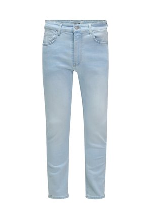 Jeans in denim blu chiaro con vestibilità slim. Presentano un girovita standard, tasche frontali e una discreta texture sbiadita su tutto il tessuto.