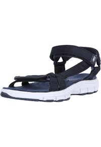 Svart sportsandaler med textilremmar, vadderad sula och vit gummisole med en strukturerad design för grepp.