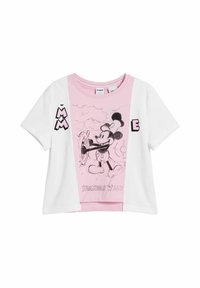 Kortærmet t-shirt med et pink forpanel med et sort Mickey Mouse grafik og teksten "STEAMBOAT WILLIE", hvid ryg og ærmer.