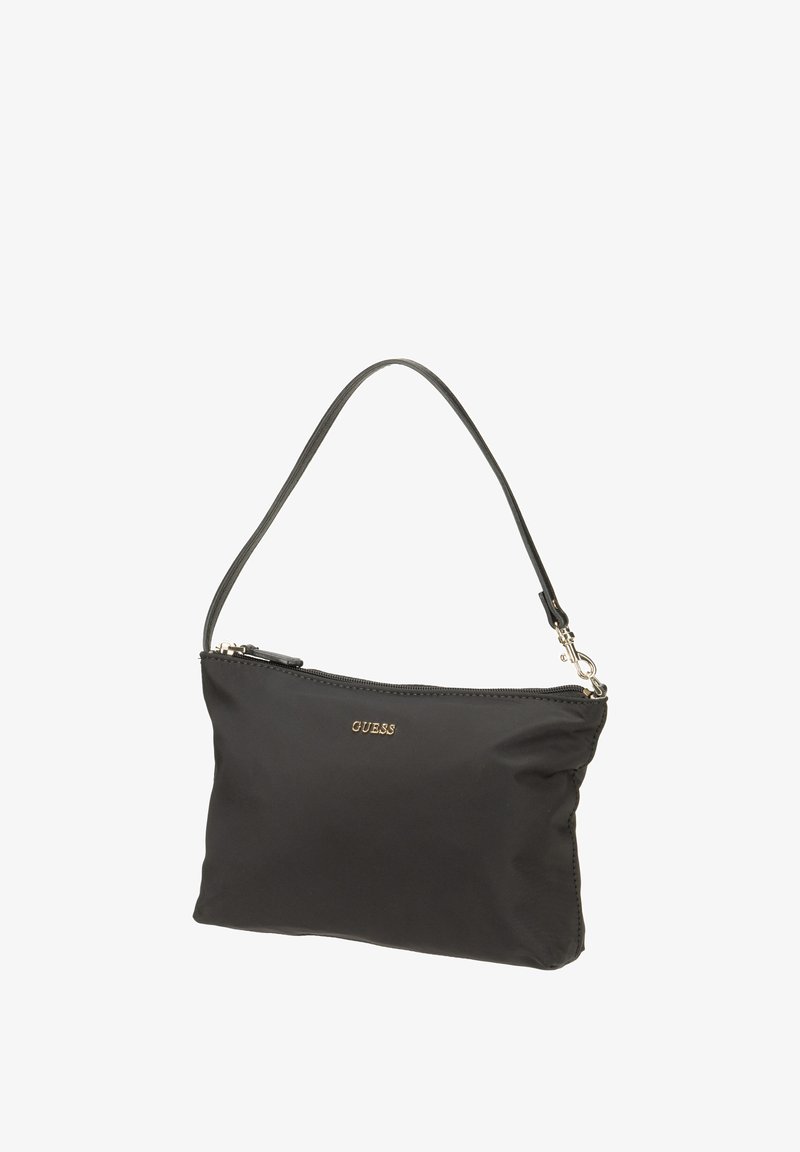 Sac à bandoulière en nylon noir avec fermeture à glissière, présentant une texture lisse, une lanière fine, et un accent de logo doré. Design compact.