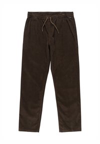Pantalon en velours côtelé marron avec taille élastique et cordon de serrage, doté de poches latérales et d'une coupe droite.