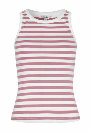 Ärmelloses, geripptes Strick-Top mit horizontalen, staubrosa-weißen Streifen, rundem Ausschnitt und figurbetontem Schnitt in Größe S.