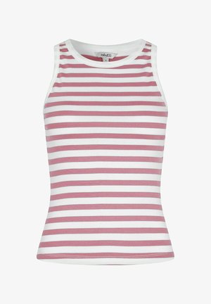 Débardeur en maille côtelée sans manches avec des rayures horizontales rose poudré et blanches, encolure ronde et coupe ajustée en taille petite.