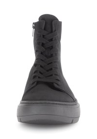 Black suede ankle boots with a rounded toe, front lacing, and side zipper. Features a thick, slightly textured gray rubber sole.