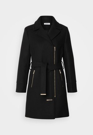 Black wool blend coat with a notched collar, adjustable belt, and side zippers. Textured fabric with gold-tone hardware accents.