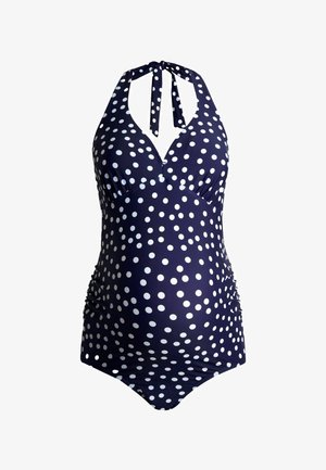 Tamsiai mėlynas nėštumo maudymosi kostiumėlis su baltomis taškelėmis, su kaklo raištuku ir surauktais šonais, leidžiančiais reguliuoti dydį.